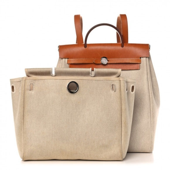 HERMES  Toile Vache Calfskin Herbag 30 PM Backpack Natural - Picture 2 of 12